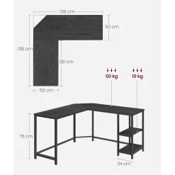 ACAZA Hoekbureau - Zwart - 2 Legplanken - 138x76x138 Cm - Industrieel