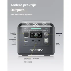 AFERIY - Draagbaar Elektrisch Station - 800w 512wh - Zwart - Lifepo4-batterij - 1 Uur Snelladen