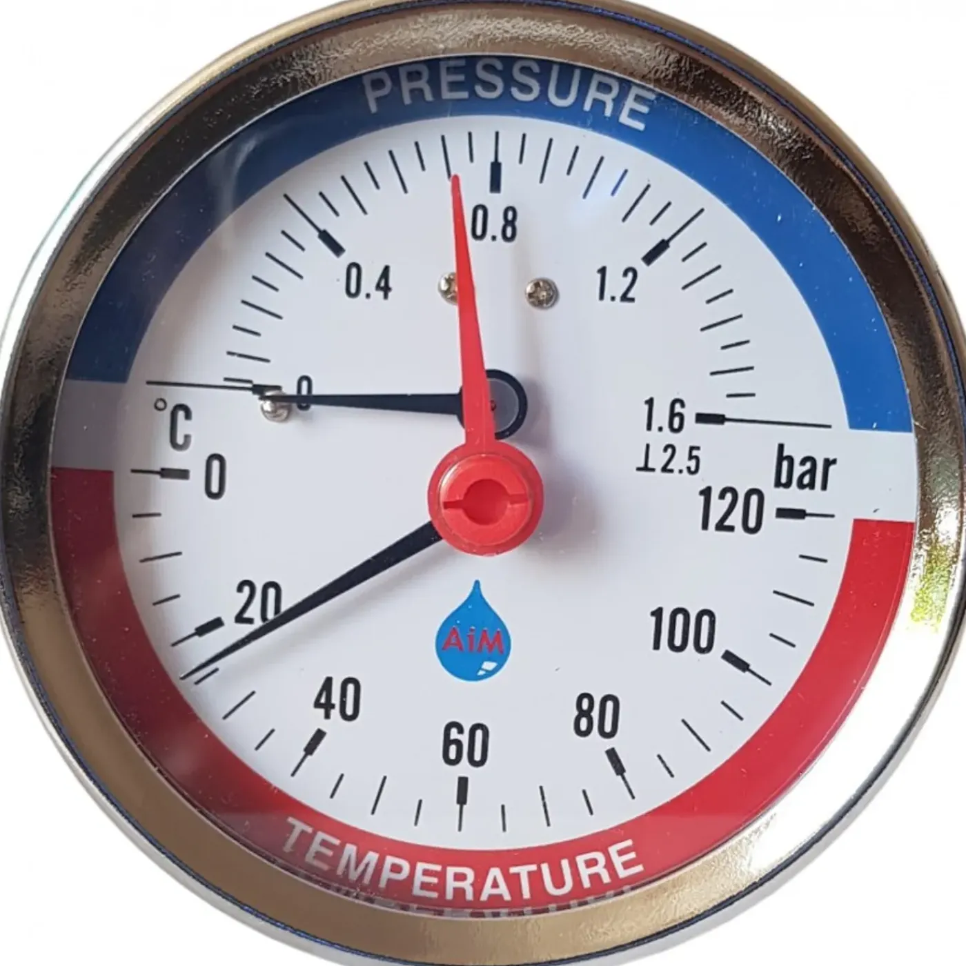 AIM 80mm 0-120C 6 BAR thermo drukmeter achterzijde G1/2