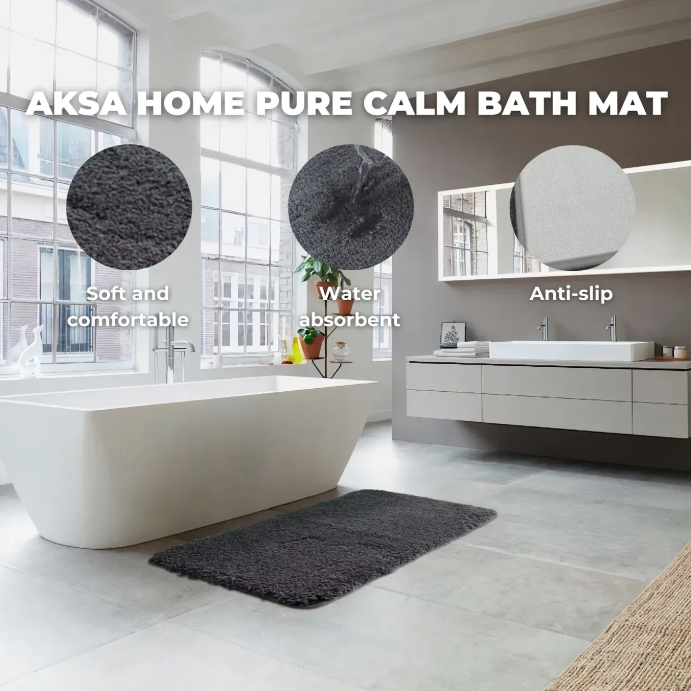 AKSA Home® Badmat 70x140 cm - Grote douchemat antislip - Badmat antislip - Badkamermat - Donkergrijs