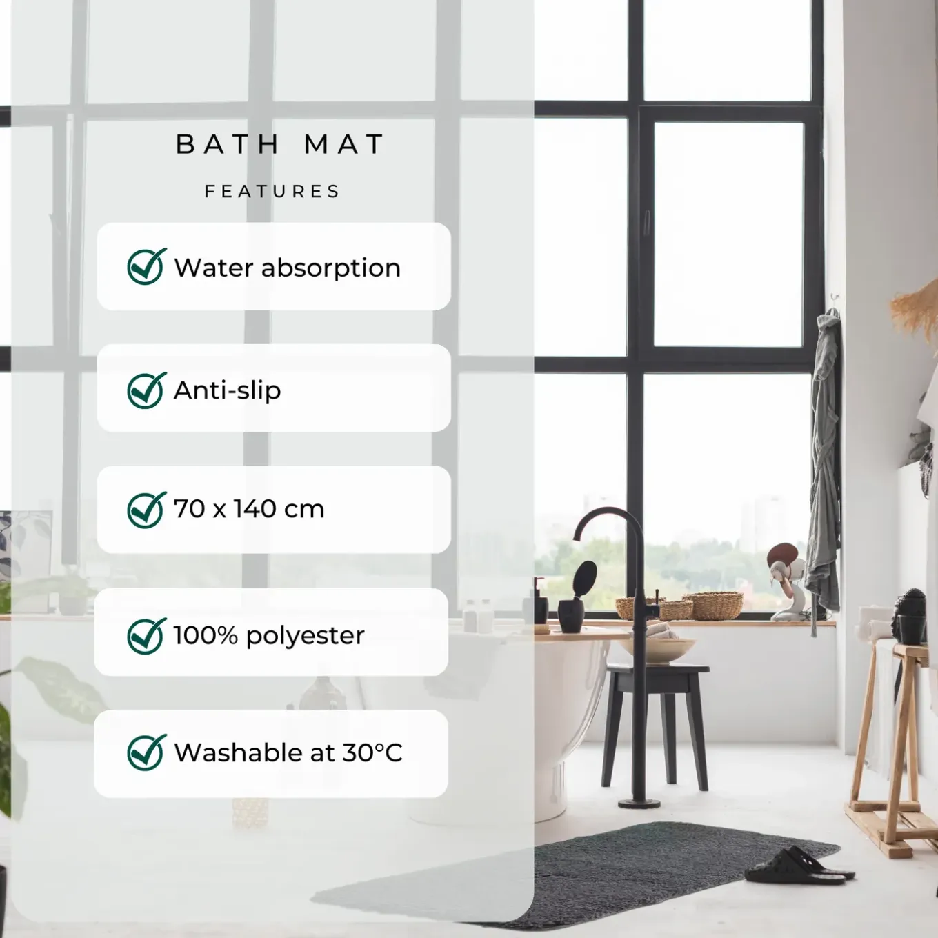 AKSA Home® Badmat 70x140 cm - Grote douchemat antislip - Badmat antislip - Badkamermat - Donkergrijs