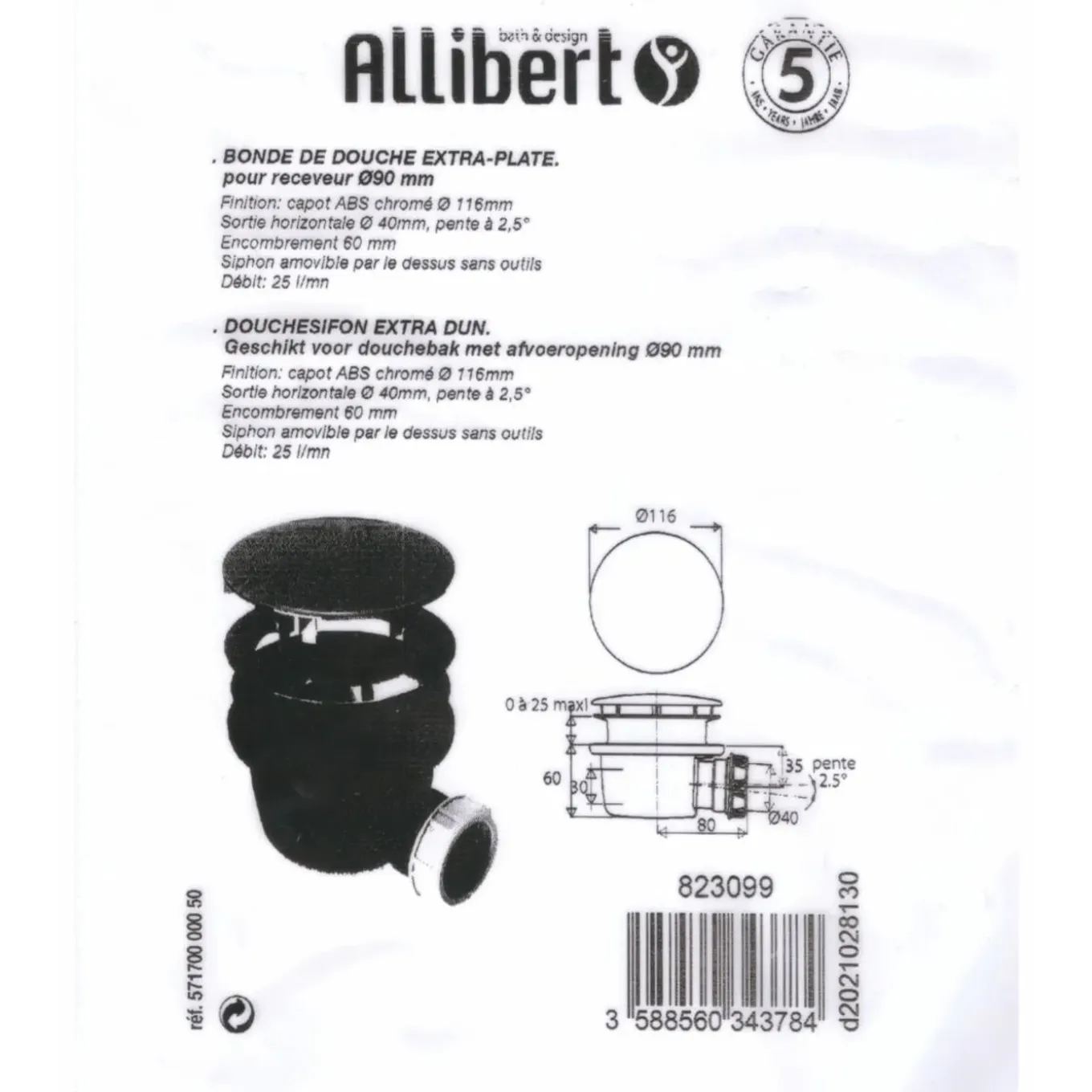 Allibert douche afvoerplug extra plat chroom