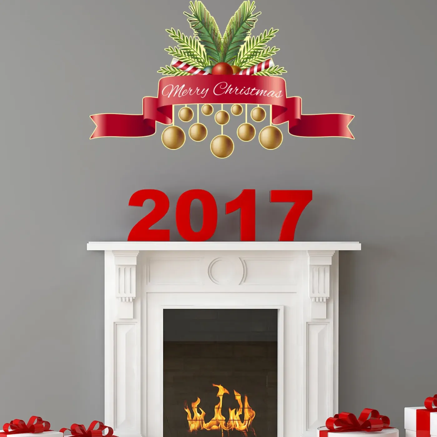 Ambiance Sticker - Muursticker - Kerststicker Lint En Tekst Fijne Kerst - Kerstlintstick - 120x195cm