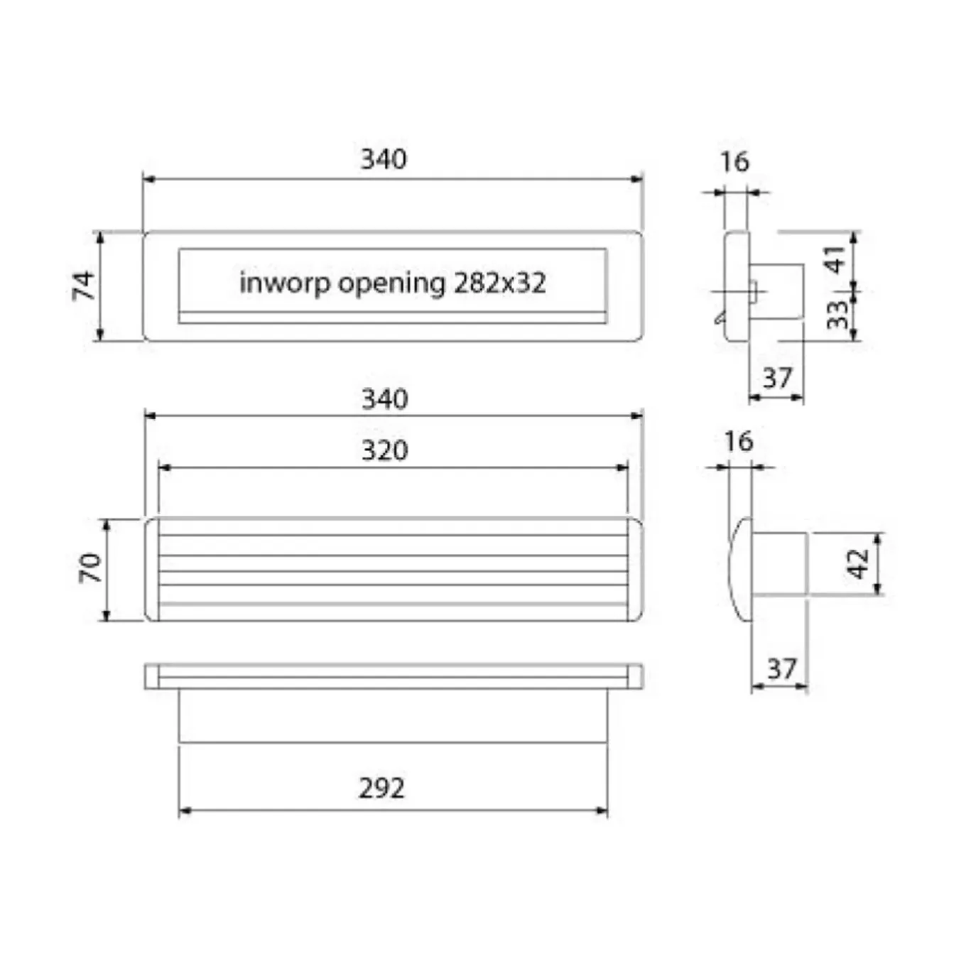 AMI briefplaat EP 965 - met schacht en tochtklep - 340x74mm - F1 - 400524