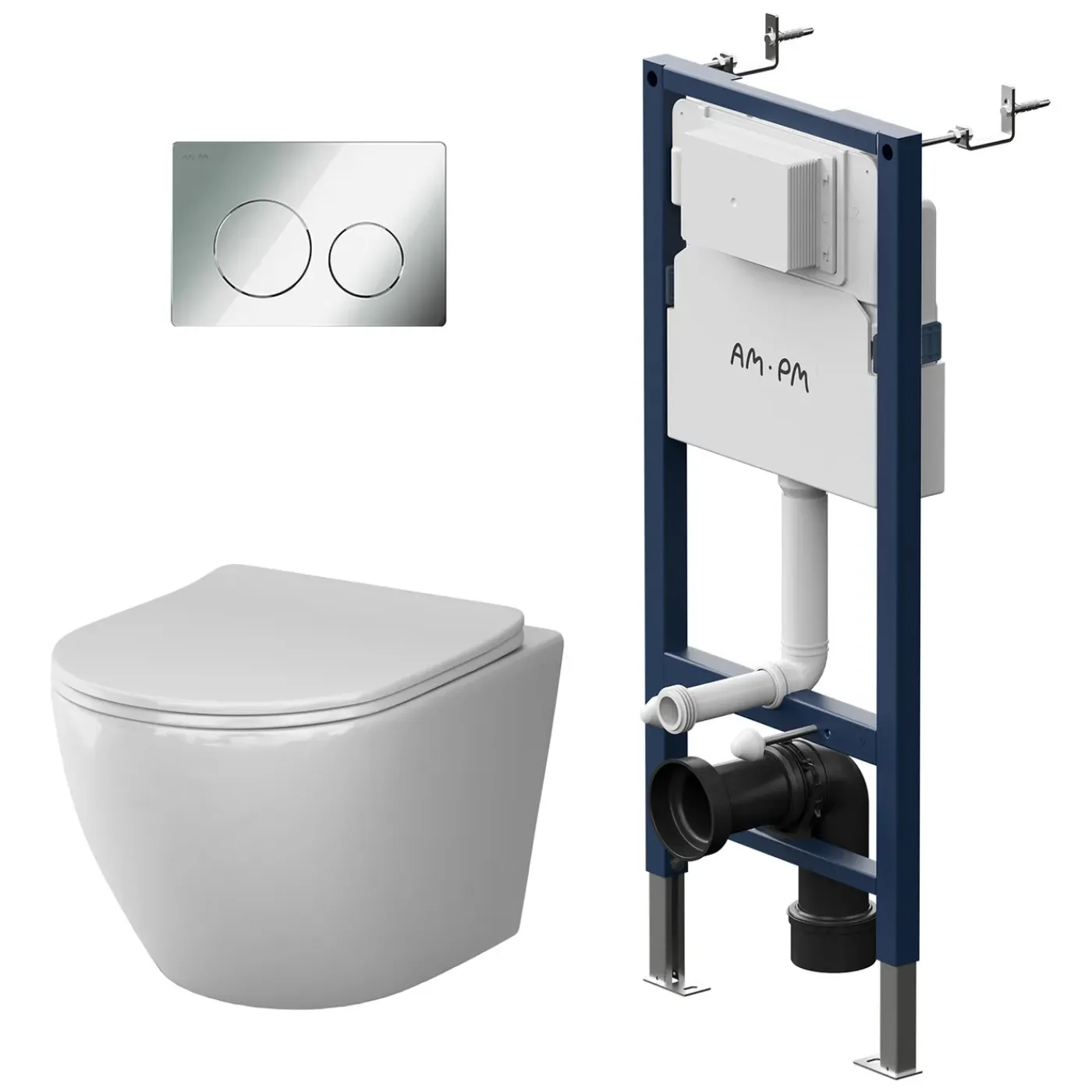 AM.PM Toiletset Like Wit - Wandcloset - Inbouwreservoir - Bedieningsplaat (rond, Chroom)