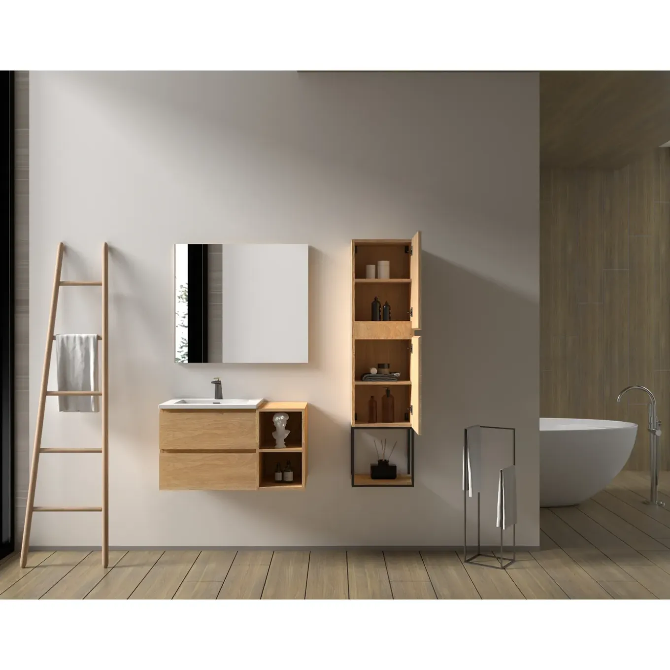 Aquazuro Hoge Badkamerkast Napoli 40cm - Natuur Eik Houtlook - Met 2 Deuren - 40x120x30cm