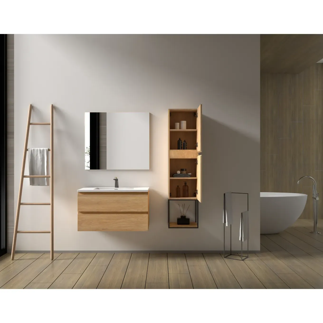 Aquazuro Hoge Badkamerkast Napoli 40cm - Natuur Eik Houtlook - Met 2 Deuren - 40x120x30cm