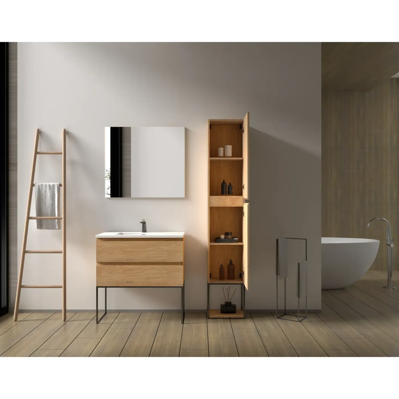 Aquazuro Hoge Badkamerkast Napoli 40cm - Natuur Eik Houtlook - Met 2 Deuren - 40x176x30cm