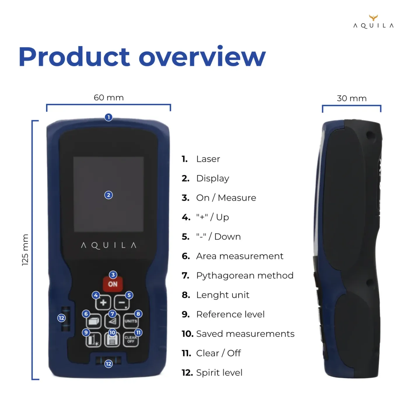 Aquila Laser Afstandsmeter Digitaal Tot 60 Meter - Lasermeter & Afstandsmeters Met 2x Waterpas