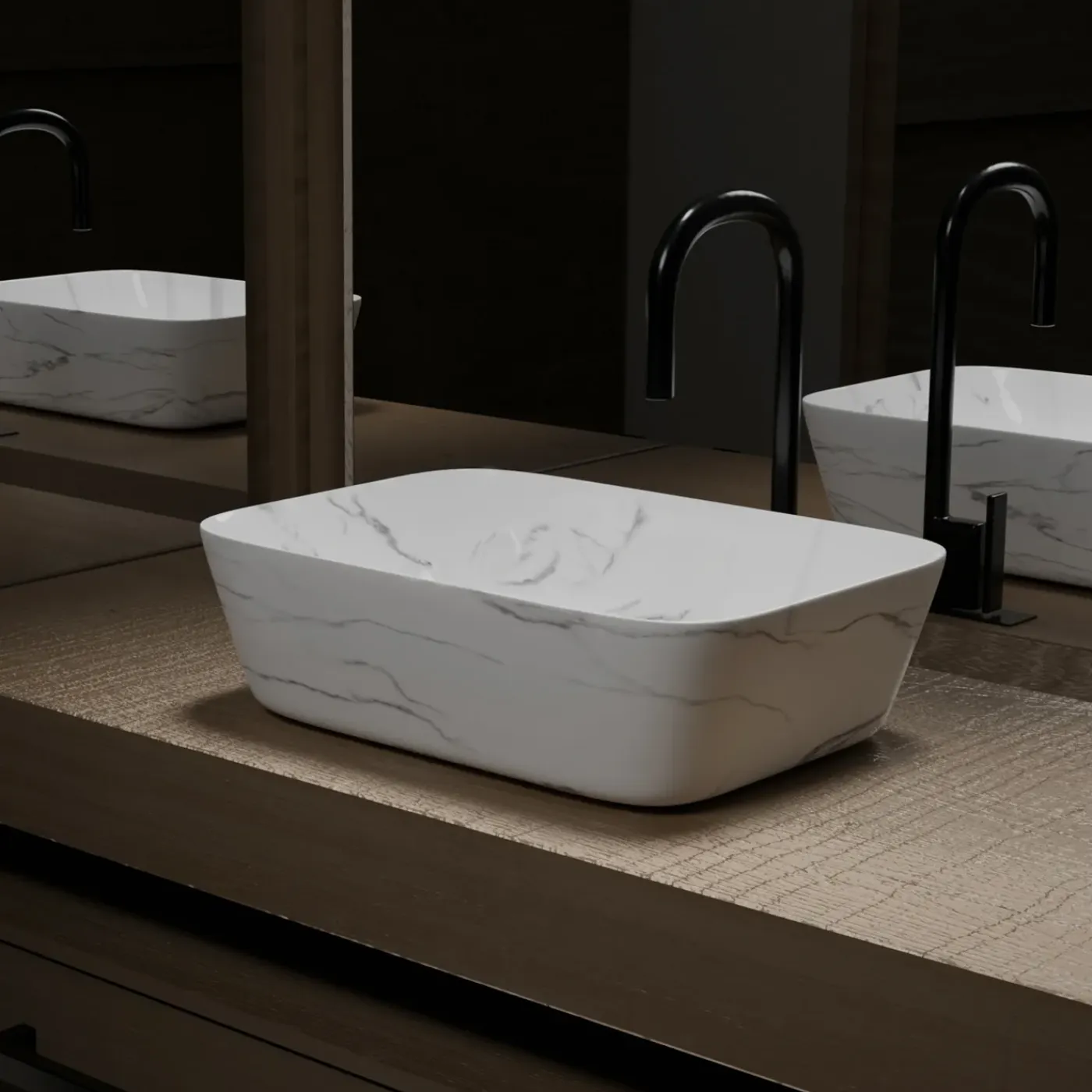 Aurlane Waskom Badkamer WHITE MARBLE - Keramiek - Rechthoekig - Mat Wit Marmer Effect - 46cm
