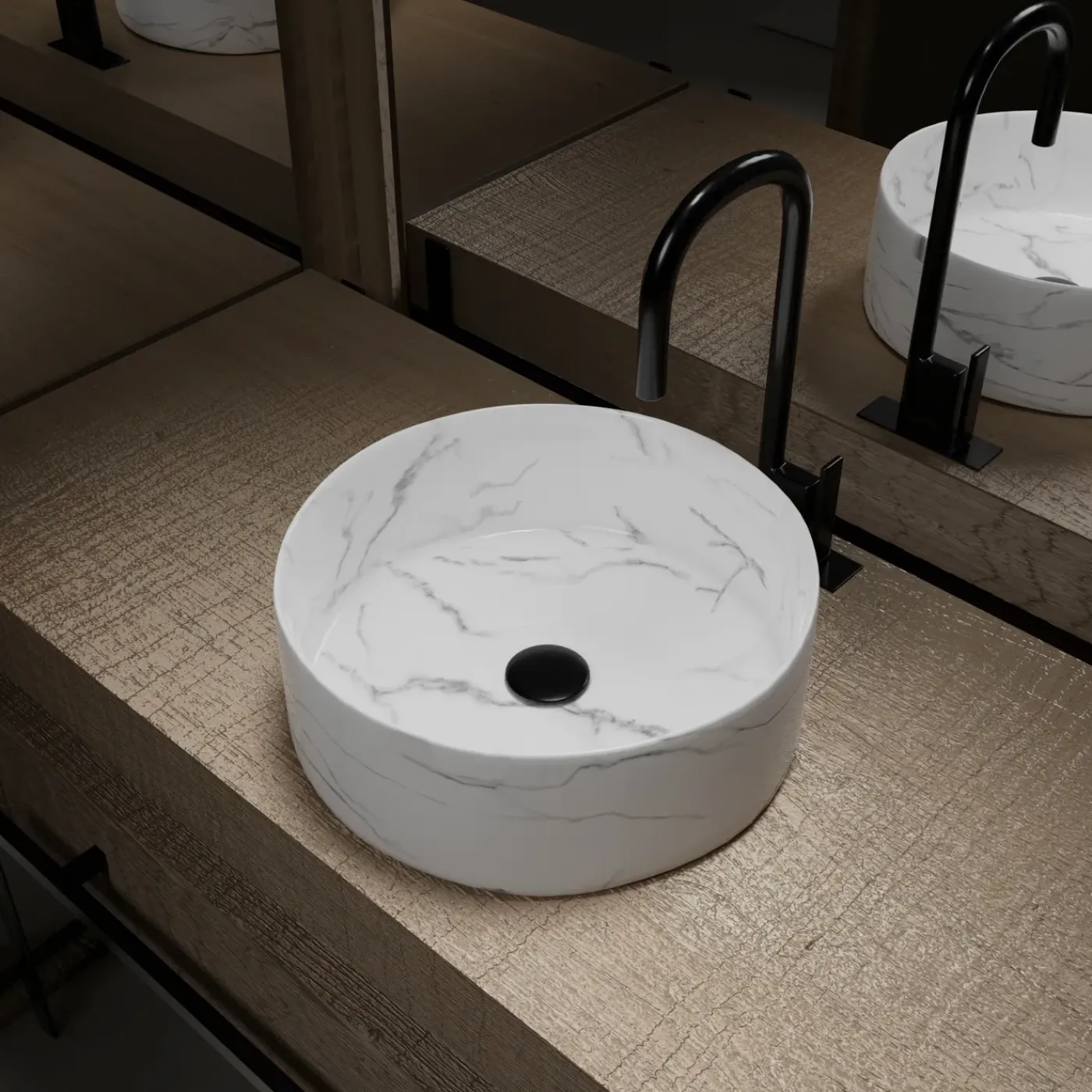 Aurlane Waskom Effect Marble - Keramiek - Rond - Mat Wit - 36cm