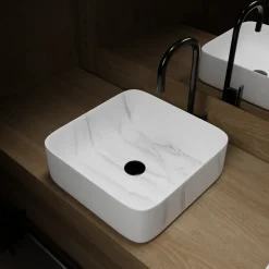 Aurlane Waskom Toilet Effect Marble - Keramiek - Vierkant - Mat Wit - 38cm