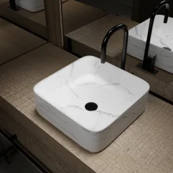 Aurlane Waskom Toilet Effect Marble - Keramiek - Vierkant - Mat Wit - 38cm