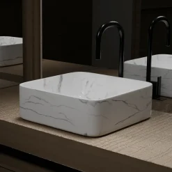 Aurlane Waskom Toilet Effect Marble - Keramiek - Vierkant - Mat Wit - 38cm