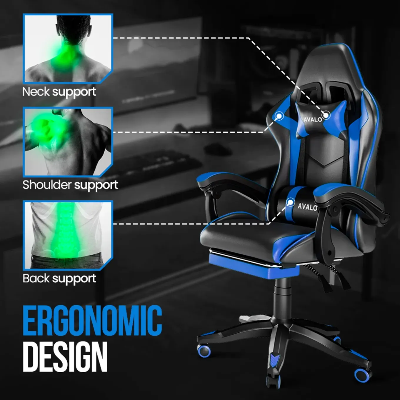 Avalo Gaming Stoel - Gamestoel - Ergonomische Bureaustoel Verstelbaar - Gaming Chair - Zwart/blauw