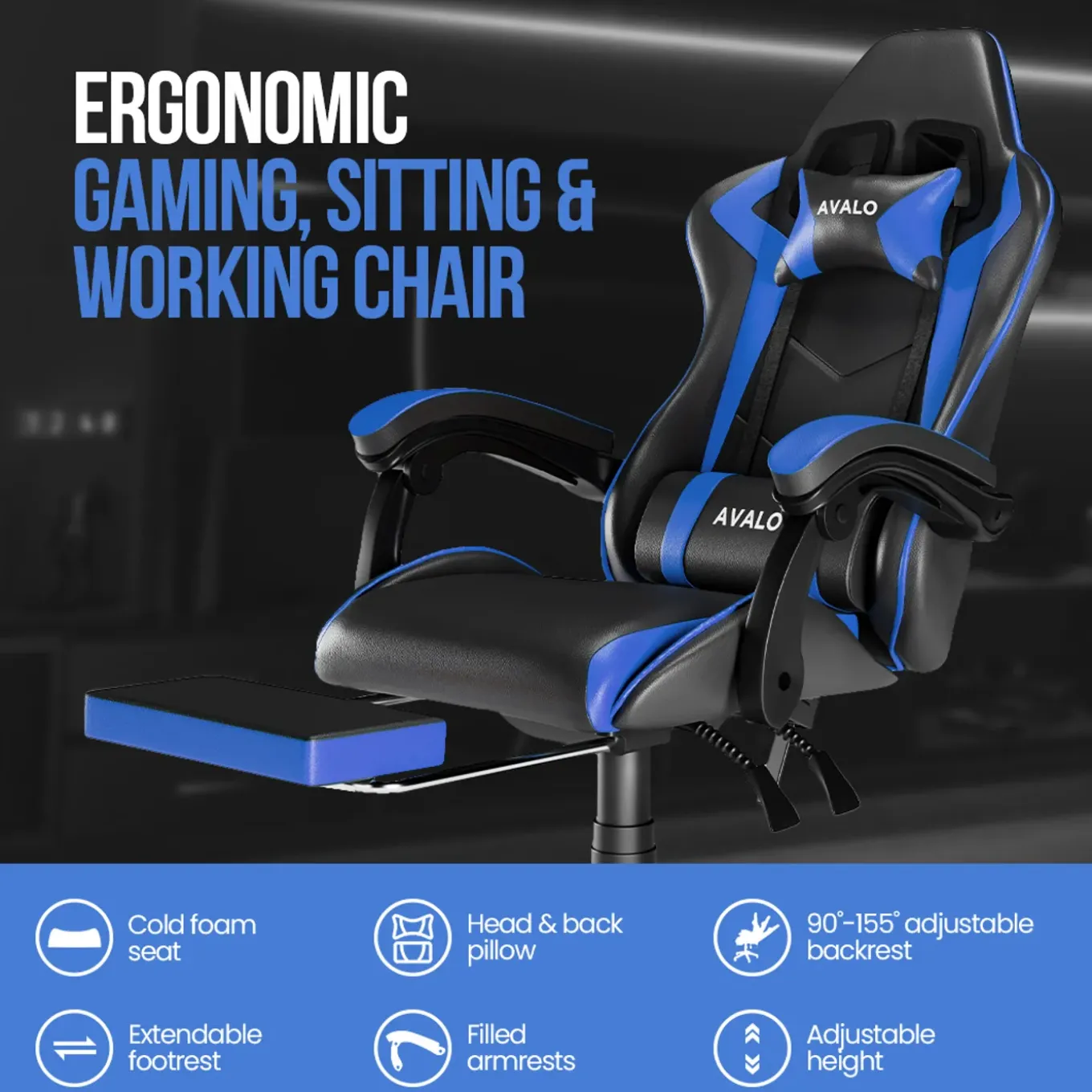 Avalo Gaming Stoel - Gamestoel - Ergonomische Bureaustoel Verstelbaar - Gaming Chair - Zwart/blauw