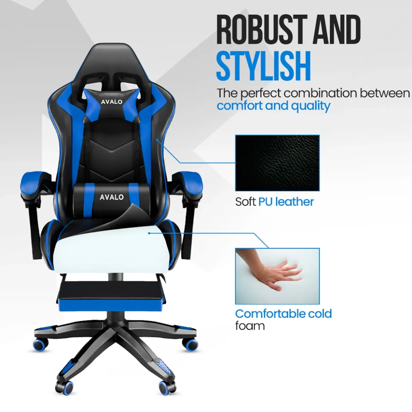 Avalo Gaming Stoel - Gamestoel - Ergonomische Bureaustoel Verstelbaar - Gaming Chair - Zwart/blauw