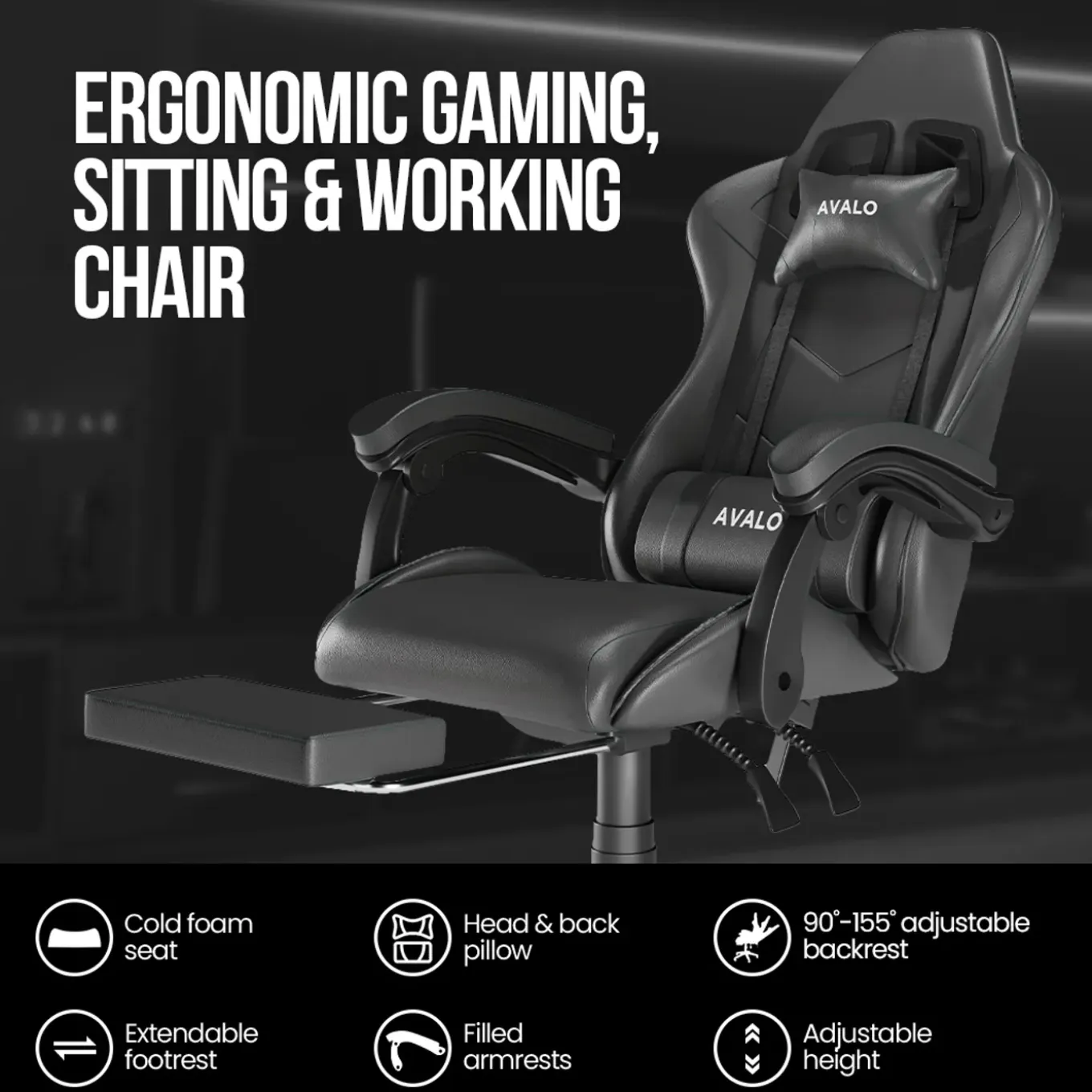 Avalo Gaming Stoel - Gamestoel - Ergonomische Bureaustoel Verstelbaar - Gaming Chair - Zwart