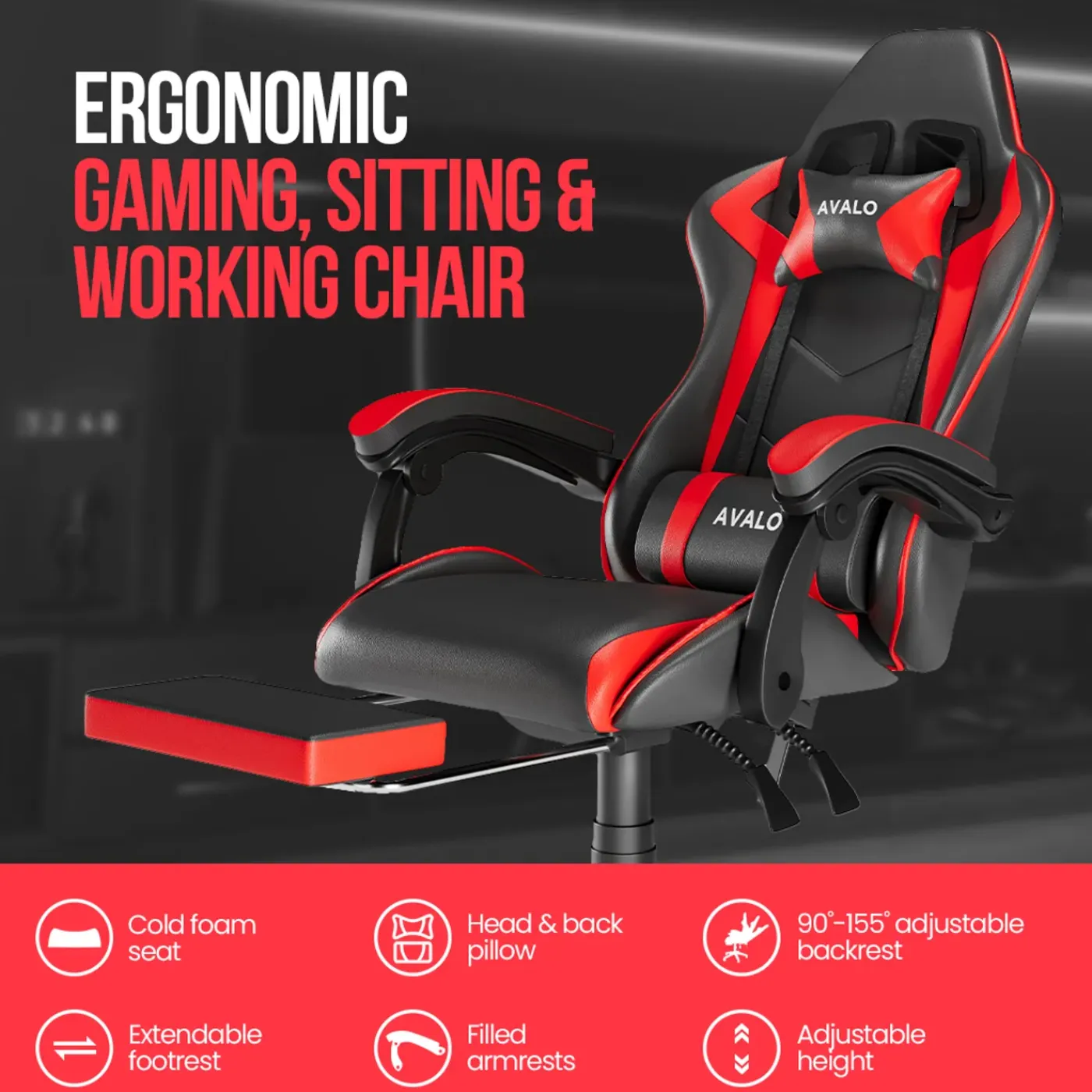 Avalo Gaming Stoel - Gamestoel - Ergonomische Bureaustoel Verstelbaar - Gaming Chair - Zwart/rood