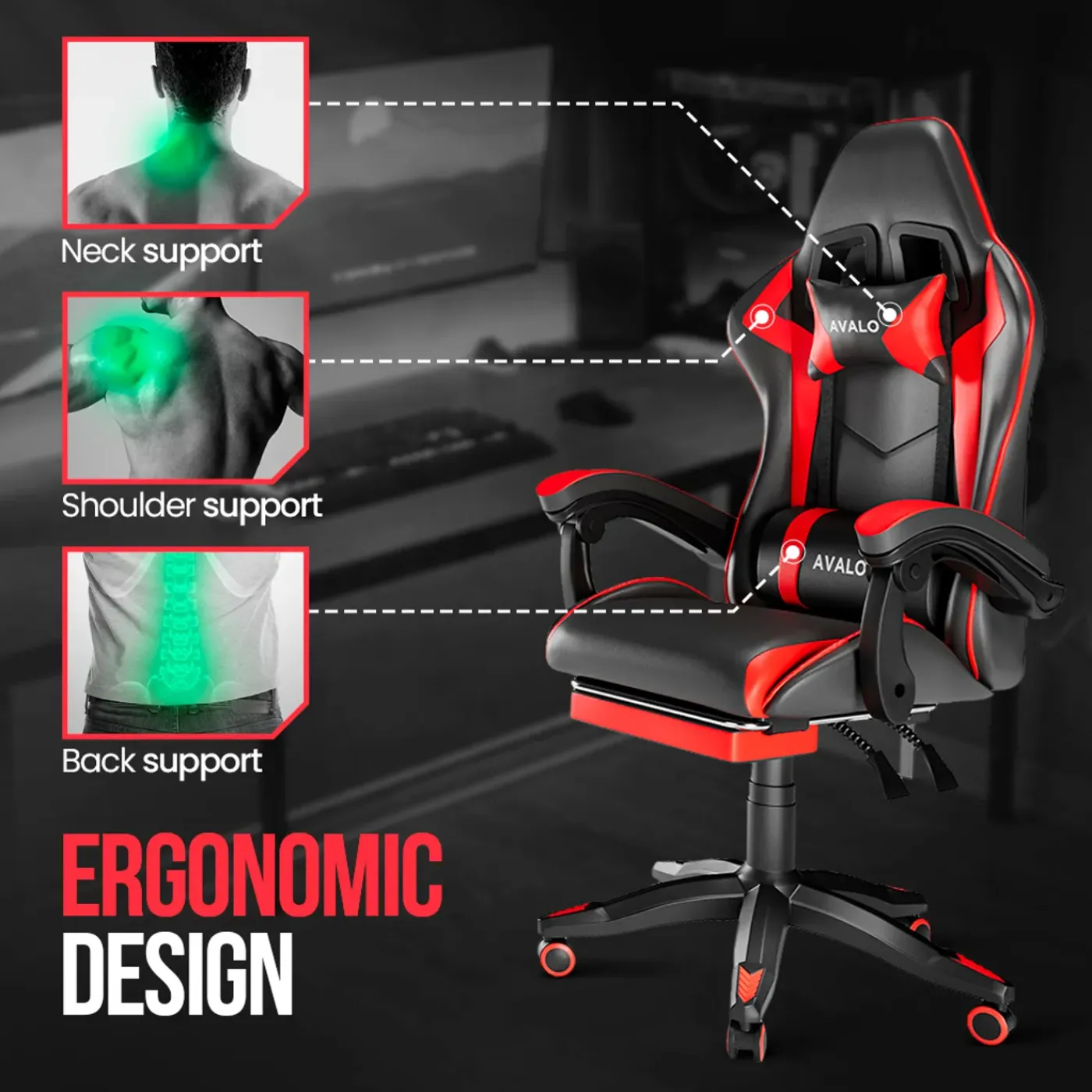 Avalo Gaming Stoel - Gamestoel - Ergonomische Bureaustoel Verstelbaar - Gaming Chair - Zwart/rood