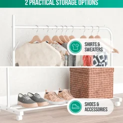 Avalo Kledingrek Op Wieltjes Wit - Metaal - 100x40x156 Cm - Opbergruimte Voor Schoenen