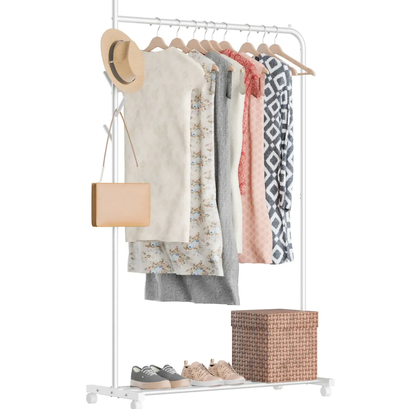 Avalo Kledingrek Op Wieltjes Wit - Metaal - 100x40x156 Cm - Opbergruimte Voor Schoenen