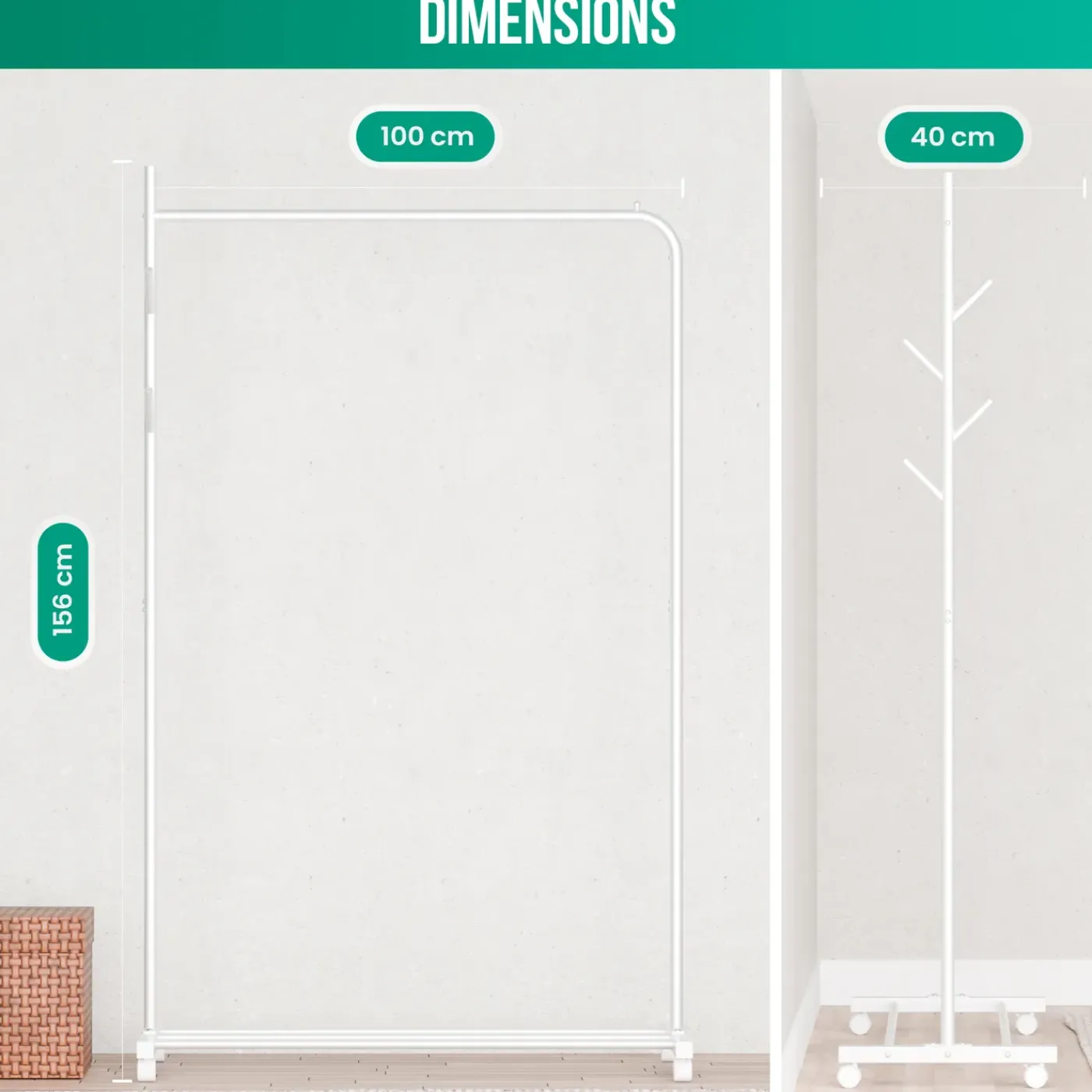 Avalo Kledingrek Op Wieltjes Wit - Metaal - 100x40x156 Cm - Opbergruimte Voor Schoenen