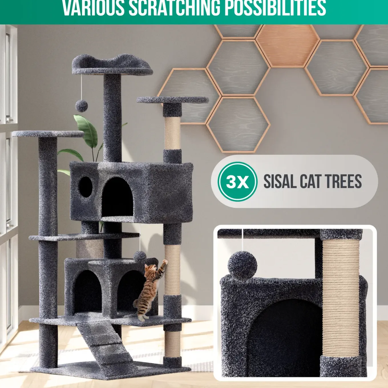 Avalo Krabpaal Voor Katten Met 7 Niveaus - 137x50x50 Cm - Donkergrijs - Krabpaal Voor Grote Katten