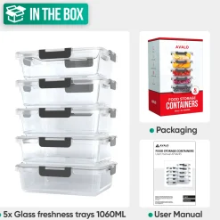 Avalo Vershoudbakjes Glas - Meal Prep Bakjes - Diepvriesbakjes - Met Deksel - 5 Delig 1060ml