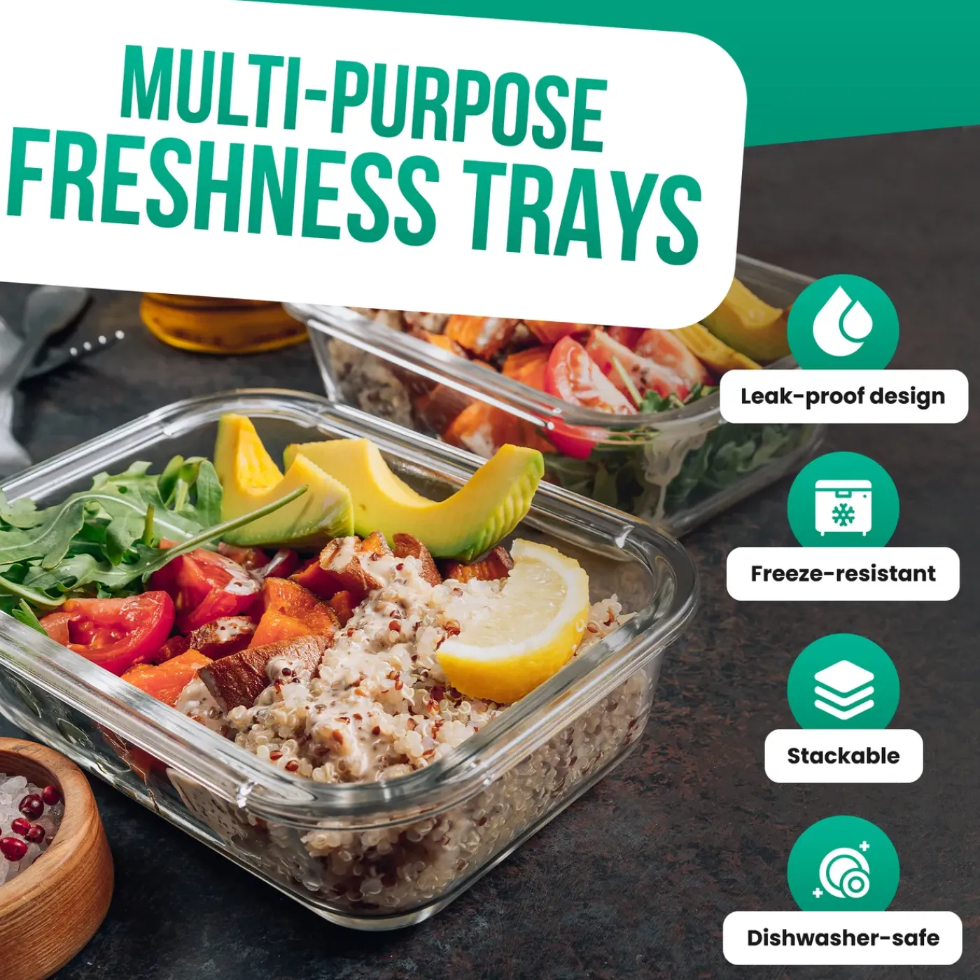 Avalo Vershoudbakjes Glas - Meal Prep Bakjes - Diepvriesbakjes - Met Deksel - 5 Delig 1060ml