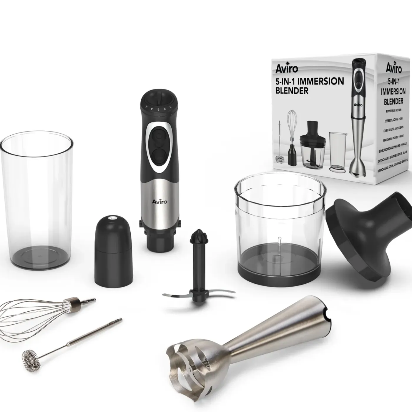 Aviro 6-in-1 Staafmixer 1000w - Set - 20 Snelheden - Hakmolen, Melkopschuimer, Garde & Maatbeker