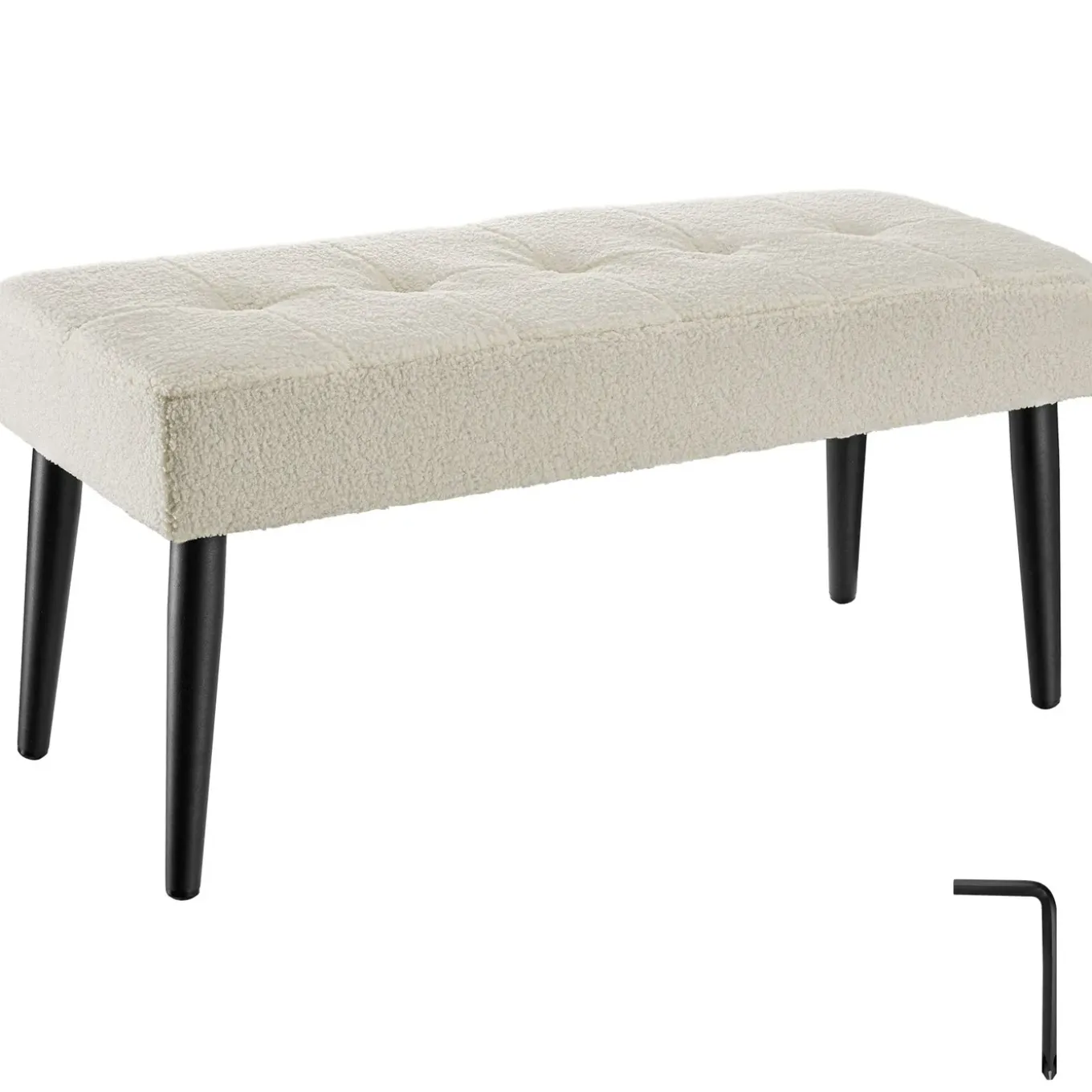 Bankje Bouclé Crème Met Dichte Schuimvulling En Stalen Poten Met Kunststofdoppen - 95x38x45 Cm