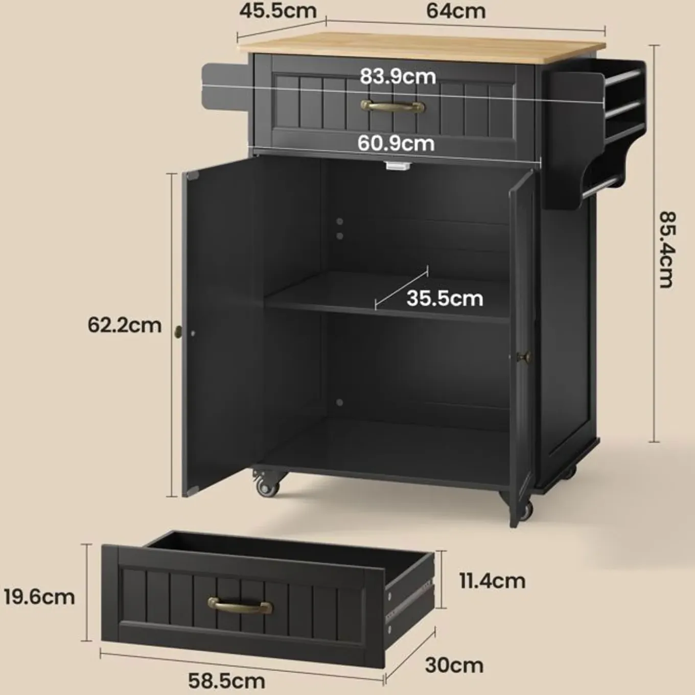 Bealife - Keukenwagen Met Remwielen - 1 Lade - 2 Deuren - Zwart - Hout - 83,9 X 45,5 X 85,4 Cm