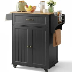 Bealife - Keukenwagen Met Remwielen - 1 Lade - 2 Deuren - Zwart - Hout - 83,9 X 45,5 X 85,4 Cm