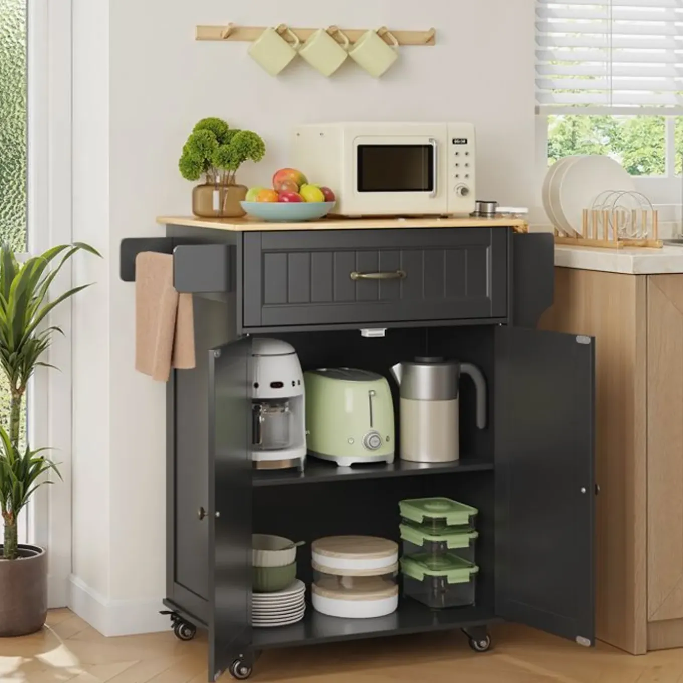 Bealife - Keukenwagen Met Remwielen - 1 Lade - 2 Deuren - Zwart - Hout - 83,9 X 45,5 X 85,4 Cm