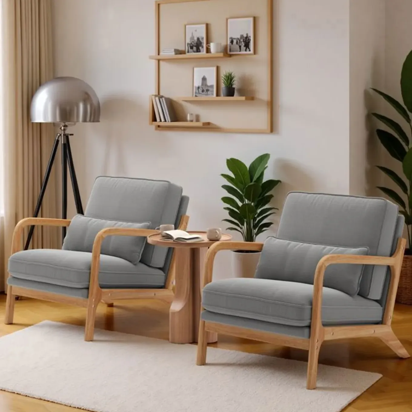 Bealife - Scandinavische Fauteuil Lichtgrijze Linnen Stof - Esdoornhout Metaal - 65 X 82 X 75 Cm