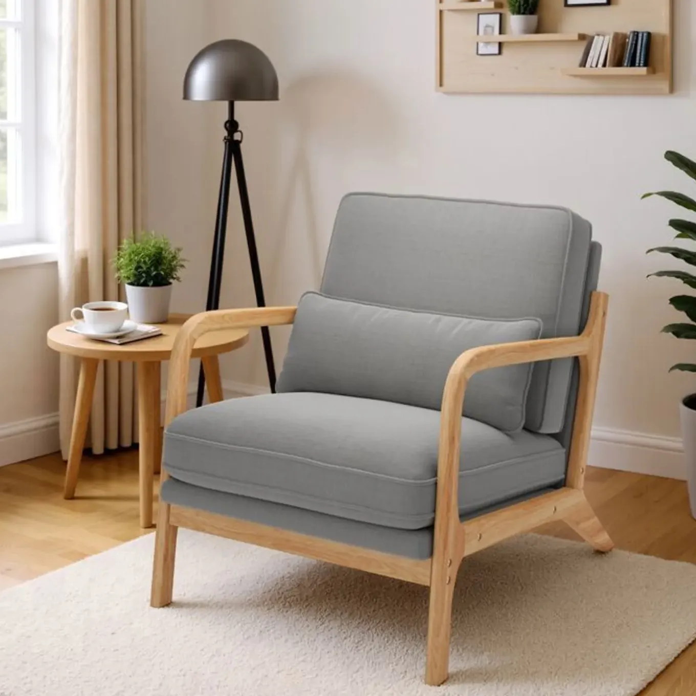 Bealife - Scandinavische Fauteuil Lichtgrijze Linnen Stof - Esdoornhout Metaal - 65 X 82 X 75 Cm