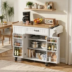 Bealife - Uitschuifbare Keukentrolley Op Wieltjes Van Mdf In Wit En Bruin - 1 Stuk - 130x75x 88 Cm