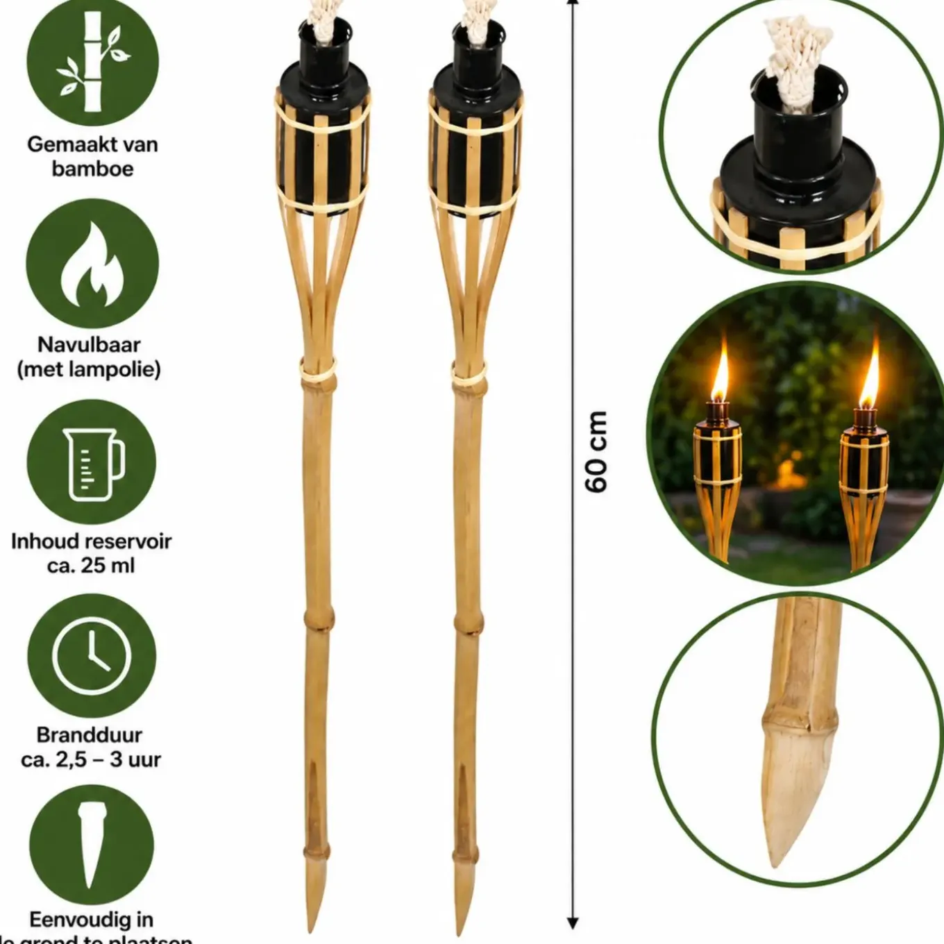 Bellatio Design Tuinfakkels - 4x - Bamboe - 60 Cm - Navulbaar