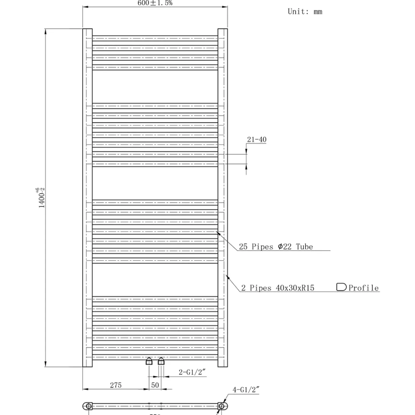 Belrad Badkamerradiator - 1400x600 Mm - 754 W - Wit - Middenaansluiting