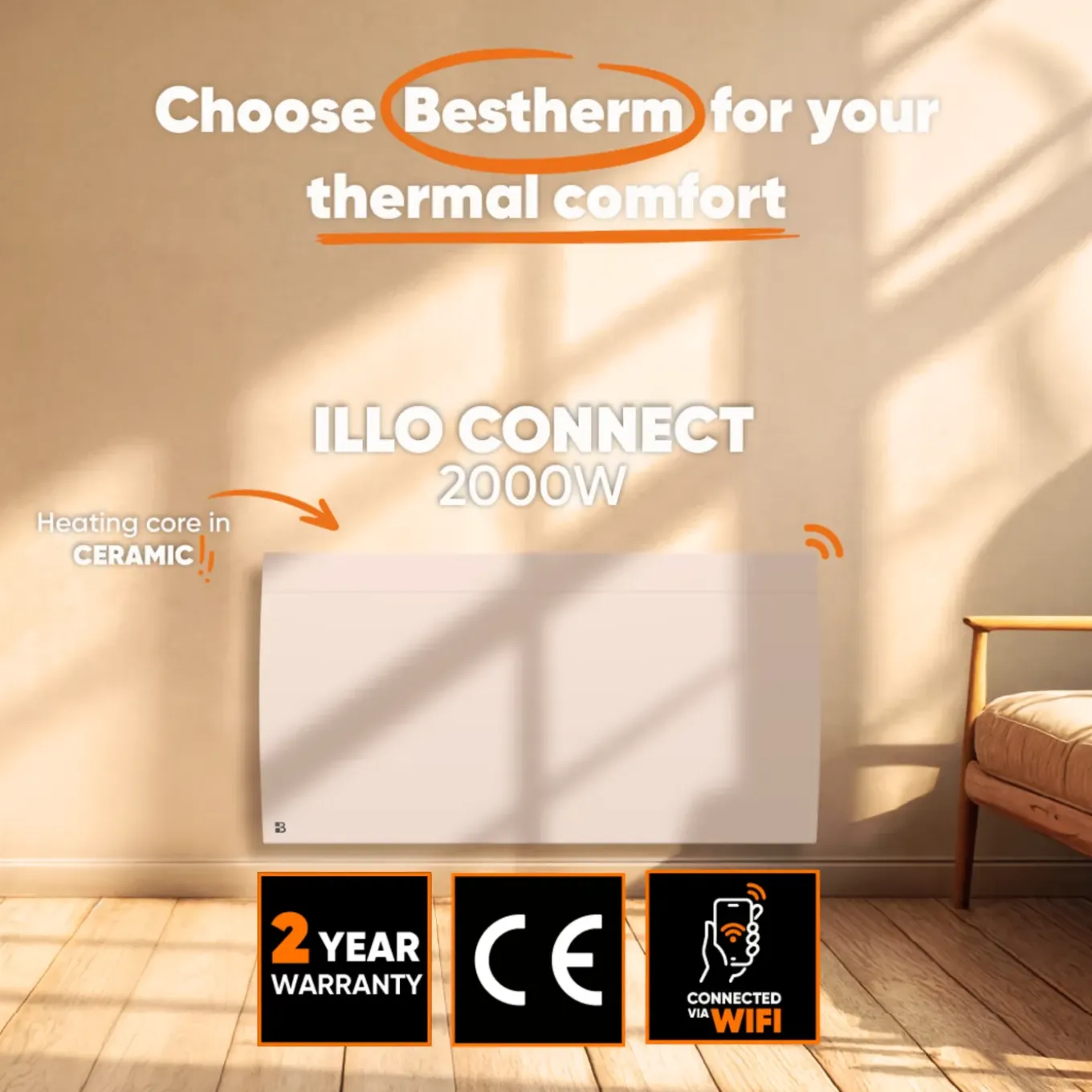 Bestherm - Radiator - Keramische Inertieradiator - Wifi - Wandmontage - 2000w - Wit - Illo Connect