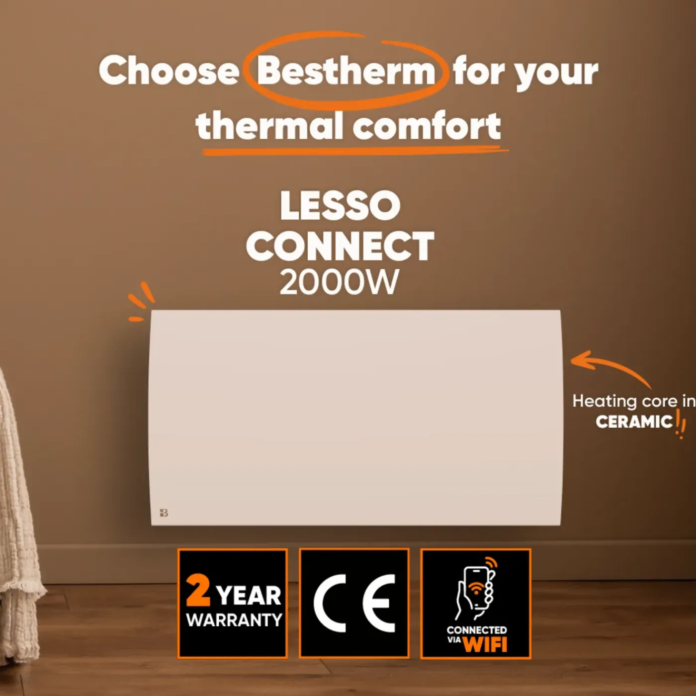 BESTHERM - Radiator - Keramische Inertieradiator - Wifi - Wandmontage - 2000w - Wit - Lesso Connect