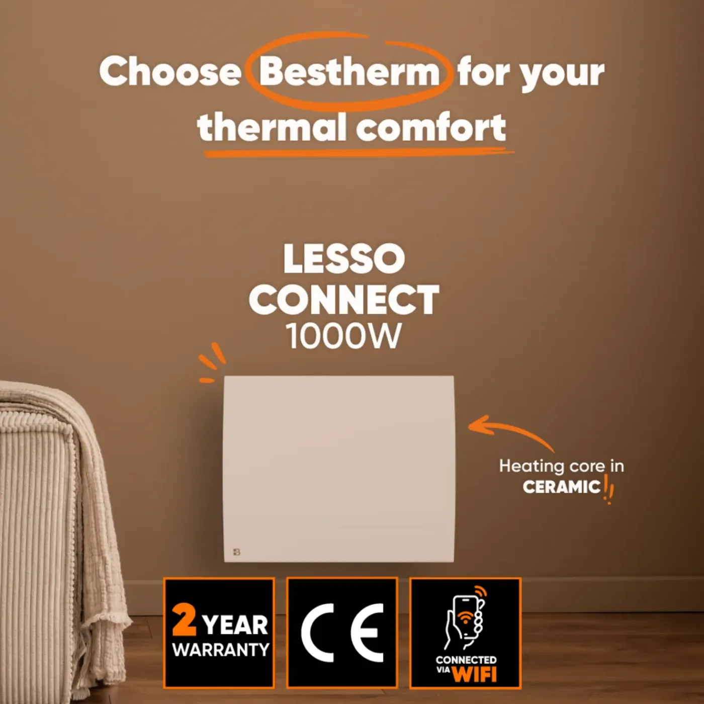 BESTHERM - Radiator - Keramische Inertieradiator - Wifi - Wandmontage - 1000w - Wit - Lesso Connect