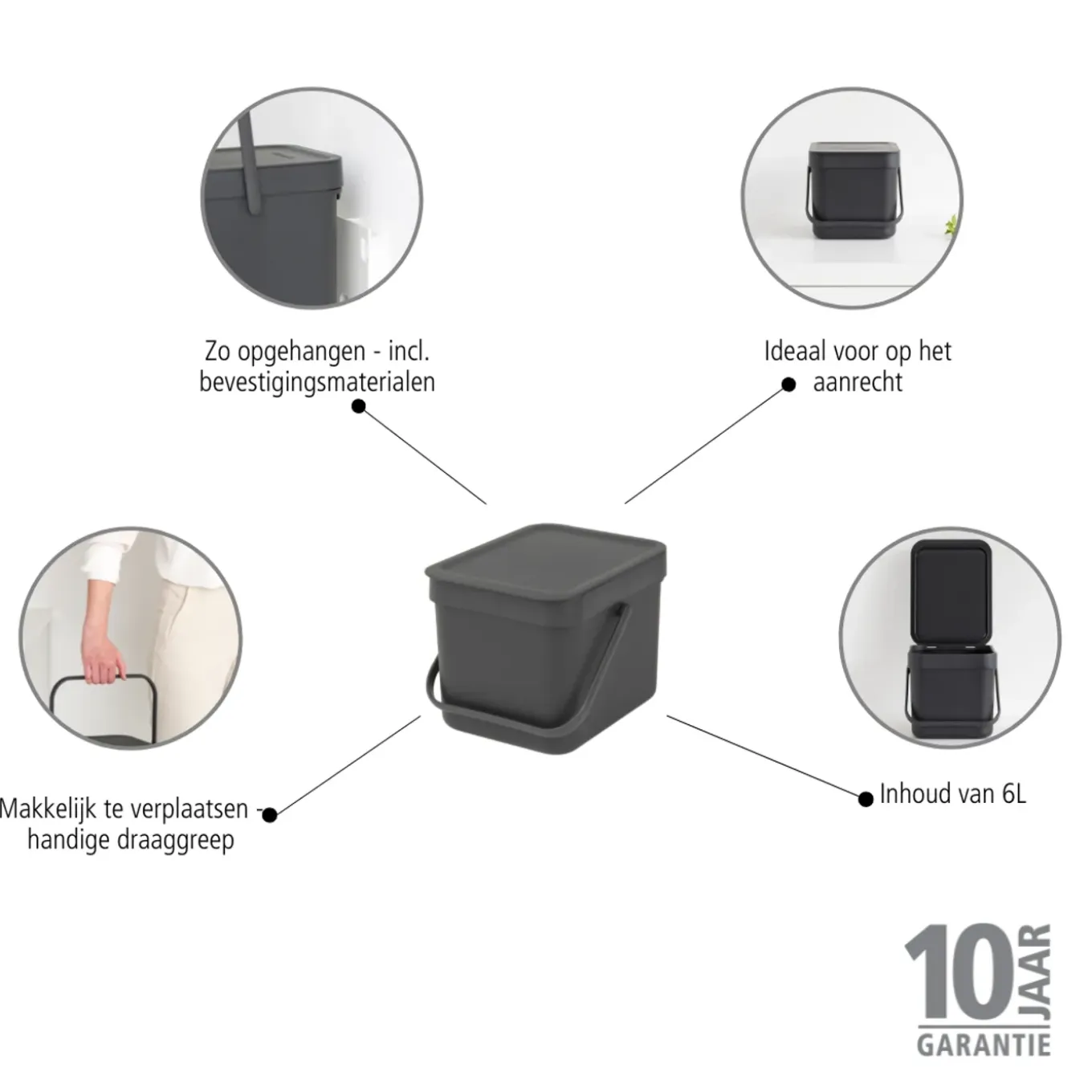 Brabantia Afvalbak Sort & Go - Kunststof - Donkergrijs - 20x24.5x18.1cm - 6L