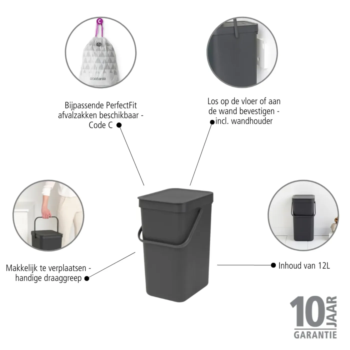Brabantia Afvalbak Sort & Go - Kunststof - Donkergrijs - 20x24.9x35.1cm - 12L