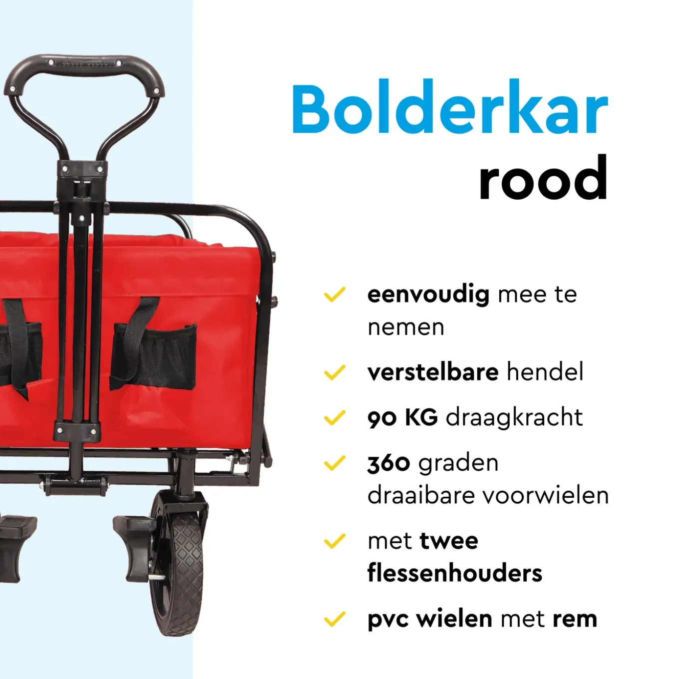 Brasq Bolderkar Opvouwbaar Rood - 100l - 80kg Draagkracht - Draaibare Wielen Mét Rem - 90x51x100cm
