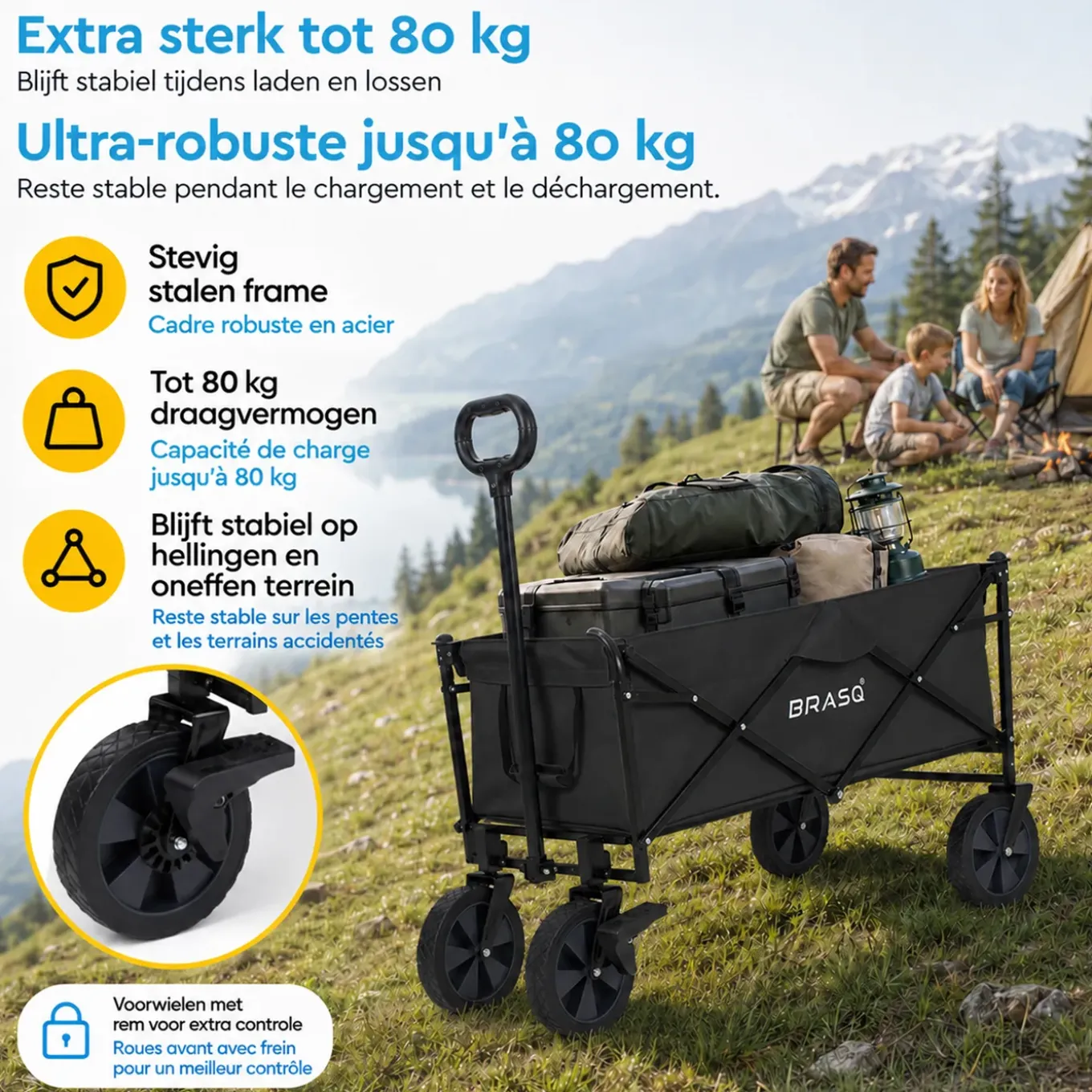 Brasq Bolderkar Opvouwbaar Zwart – 80 Kg Draagkracht - Draaibare Wielen - Verstelbare Hendel