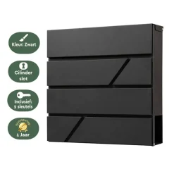 Brasq Brievenbus Hangend Zwart Rvs – Wandbrievenbus - Slot - Krantenvak - Montagemateriaal, Sleutels