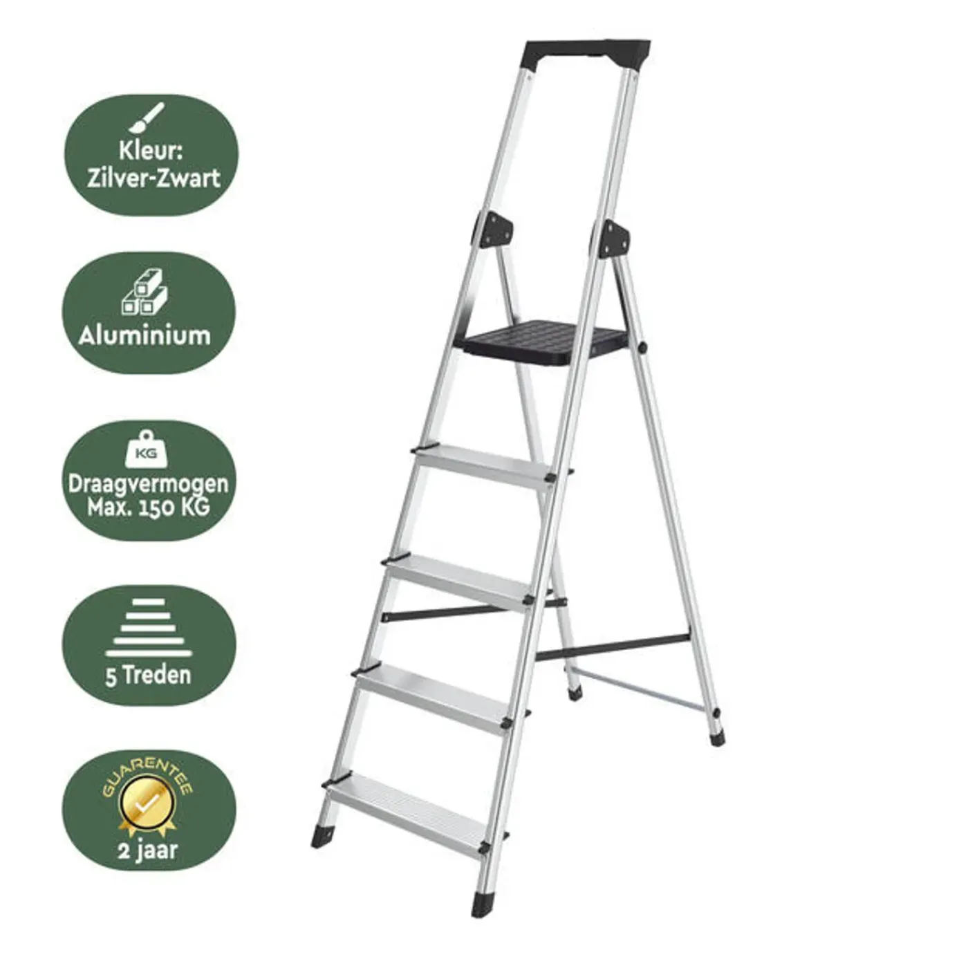 BRASQ Huishoudtrap 5 Treden – Keukentrap Inklapbaar Aluminium – Antislip - Ladder - Trap Zilver
