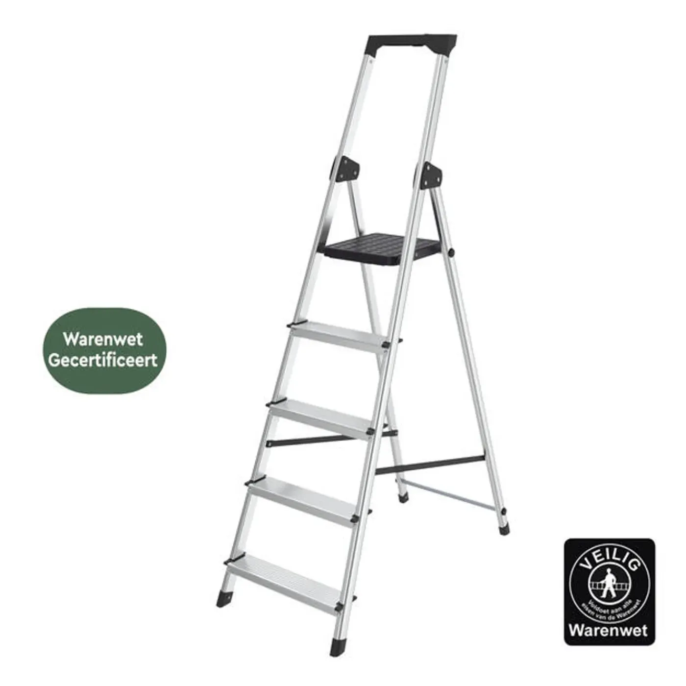 BRASQ Huishoudtrap 5 Treden – Keukentrap Inklapbaar Aluminium – Antislip - Ladder - Trap Zilver